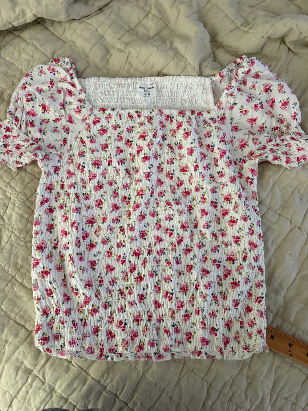 Abercrombie & Fitch White Smocked Floral Top with Pink Accents